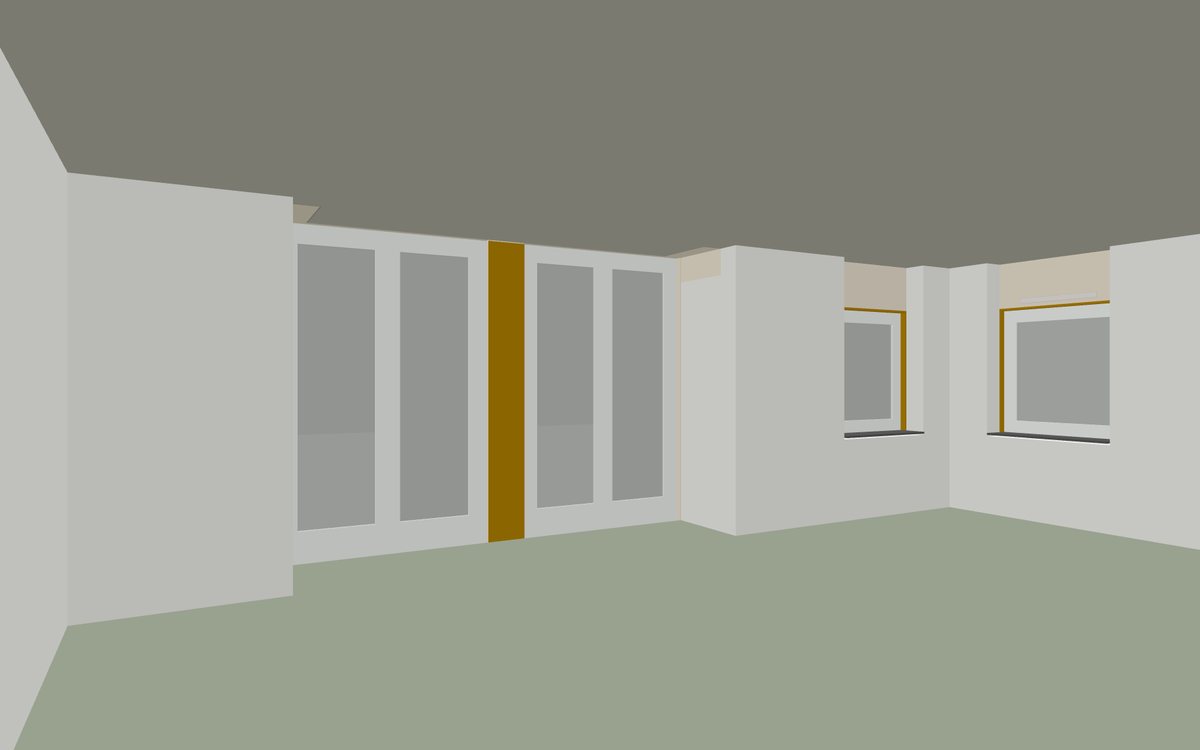Home 7’s living room in option C, from the bay corner: the frame the render starts from.